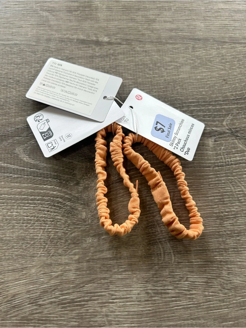 NWT Lululemon Skinny Elastic Scrunchie Hair Ties - Peach (2 Pack)